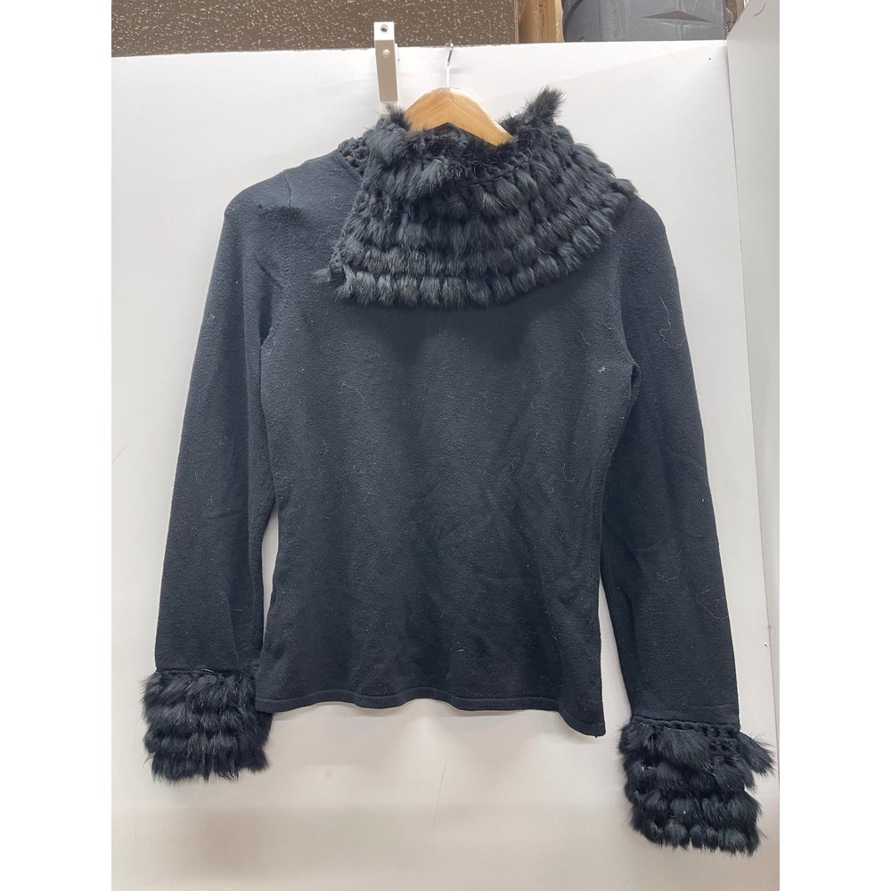 YUKA Paris Womens Black Knit Sweater Real Fur Trim Collar Cuffs Size Medium